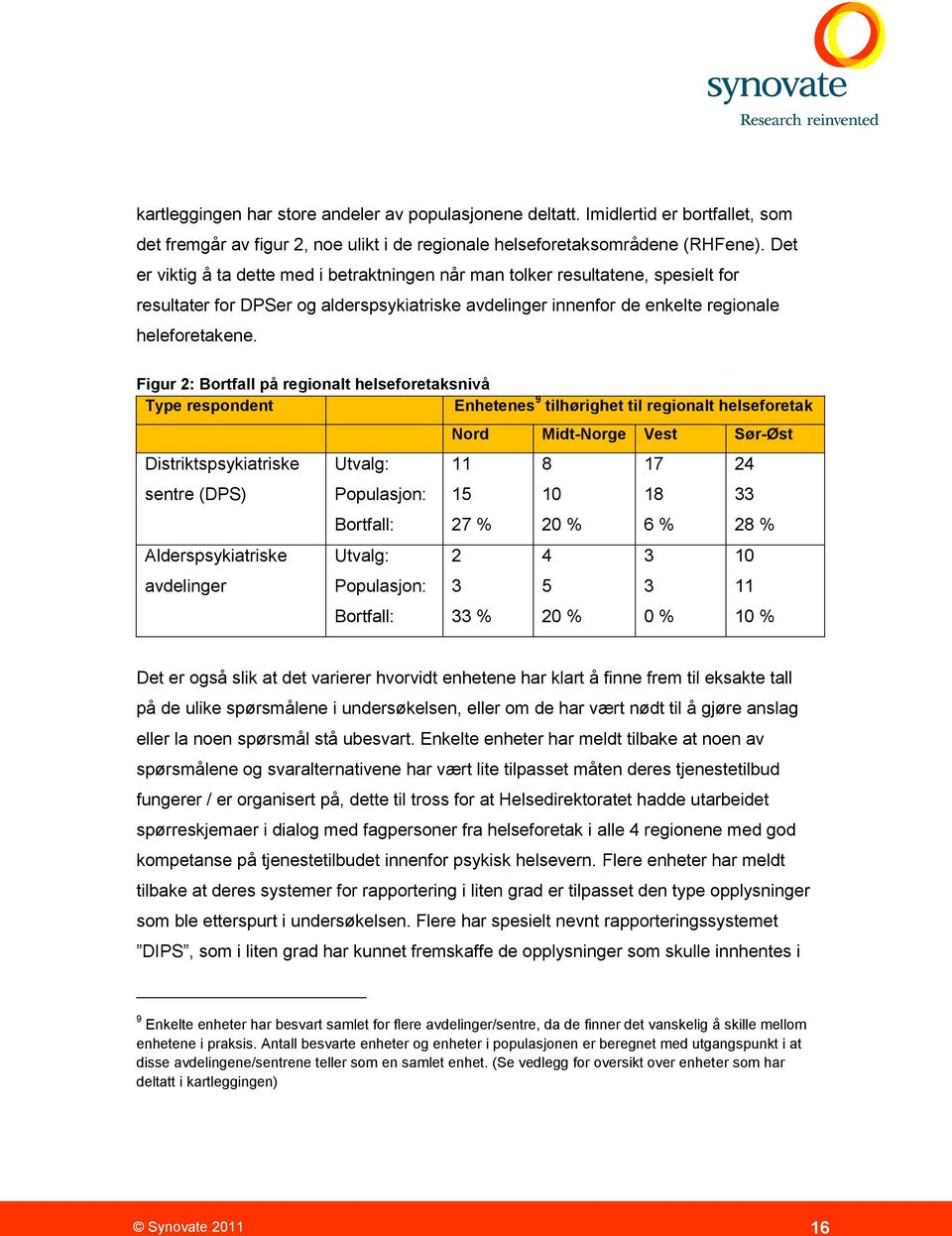 Figur : Bortfall på regionalt helseforetaksnivå Type respondent Enhetenes 9 tilhørighet til regionalt helseforetak Distriktspsykiatriske sentre (DPS) Alderspsykiatriske avdelinger Utvalg: Populasjon: