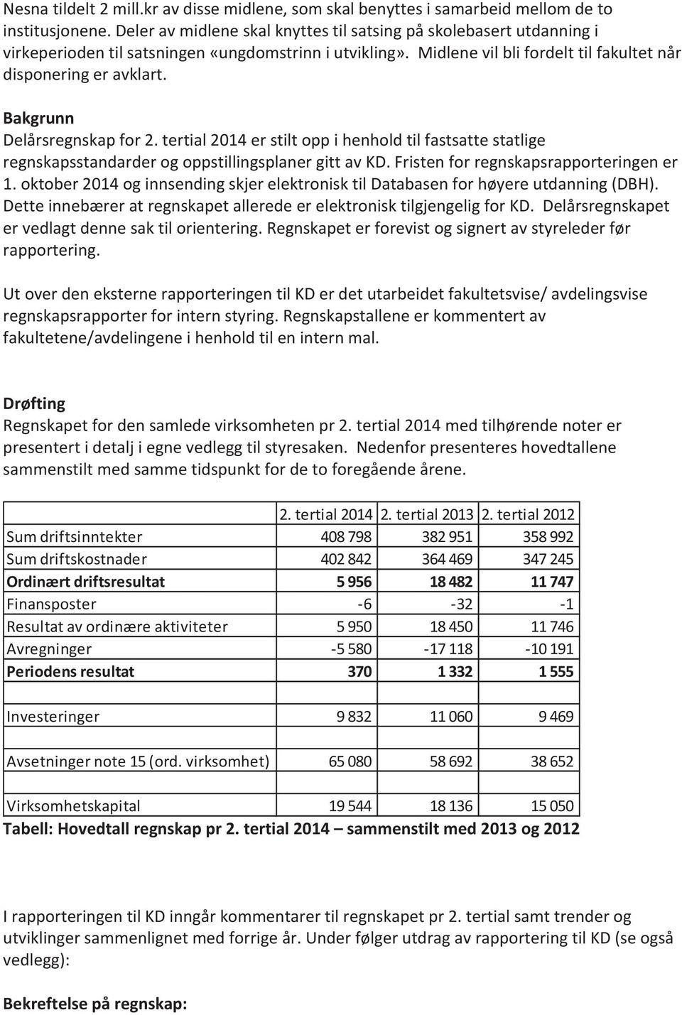 Bakgrunn Delårsregnskap for 2. tertial 2014 er stilt opp i henhold til fastsatte statlige regnskapsstandarder og oppstillingsplaner gitt av KD. Fristen for regnskapsrapporteringen er 1.