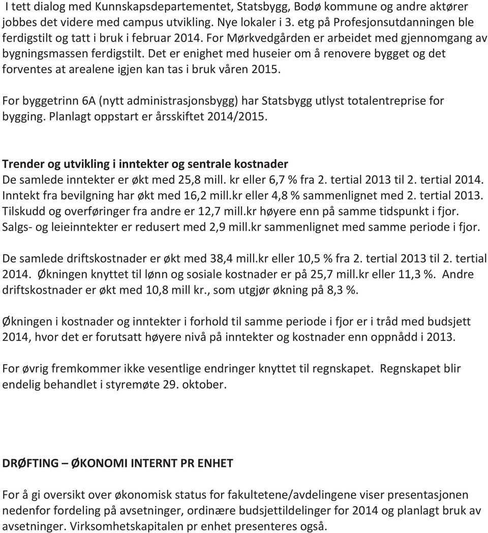 Det er enighet med huseier om å renovere bygget og det forventes at arealene igjen kan tas i bruk våren 2015.