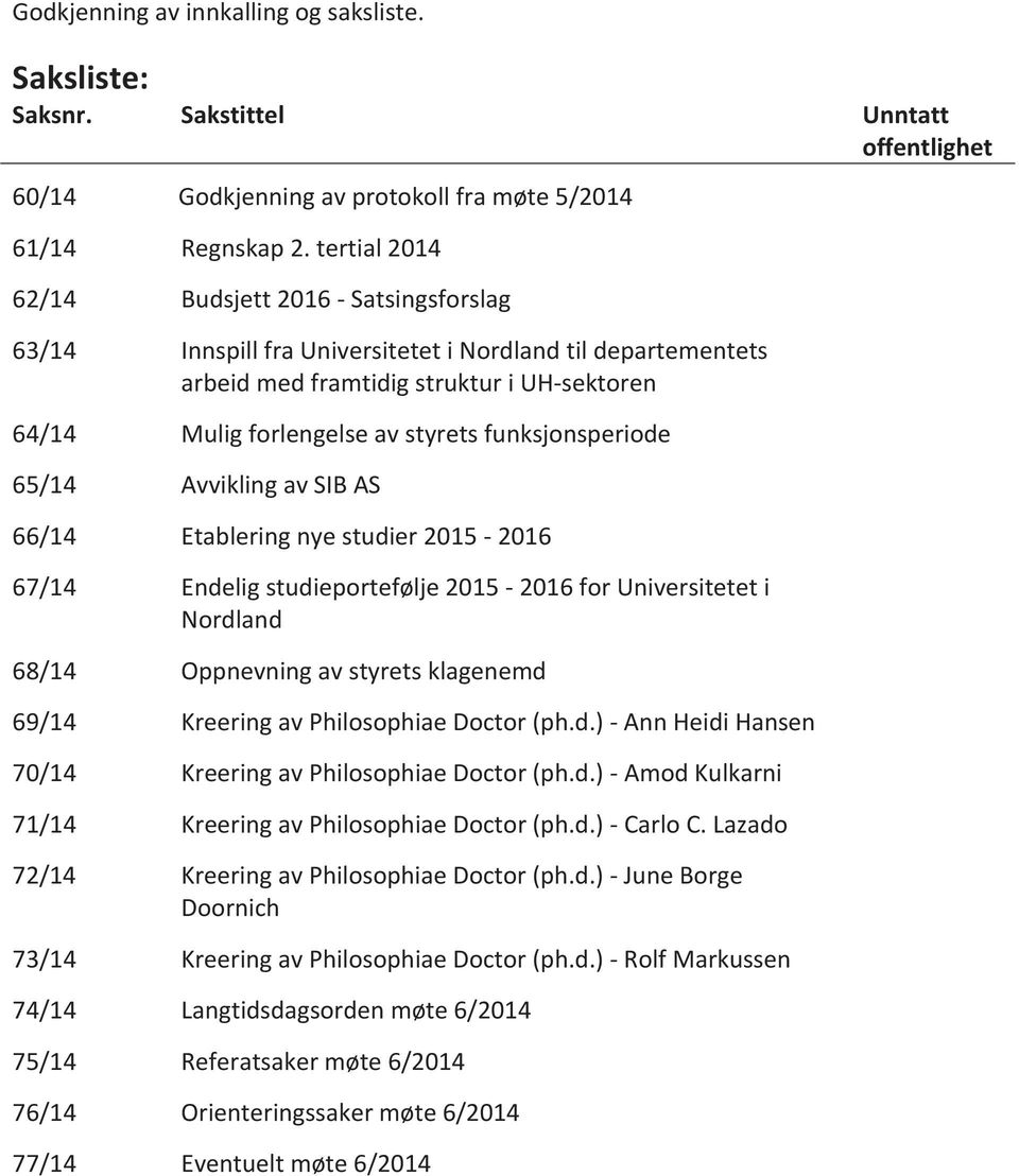 funksjonsperiode 65/14 Avvikling av SIB AS 66/14 Etablering nye studier 2015-2016 67/14 Endelig studieportefølje 2015-2016 for Universitetet i Nordland 68/14 Oppnevning av styrets klagenemd 69/14