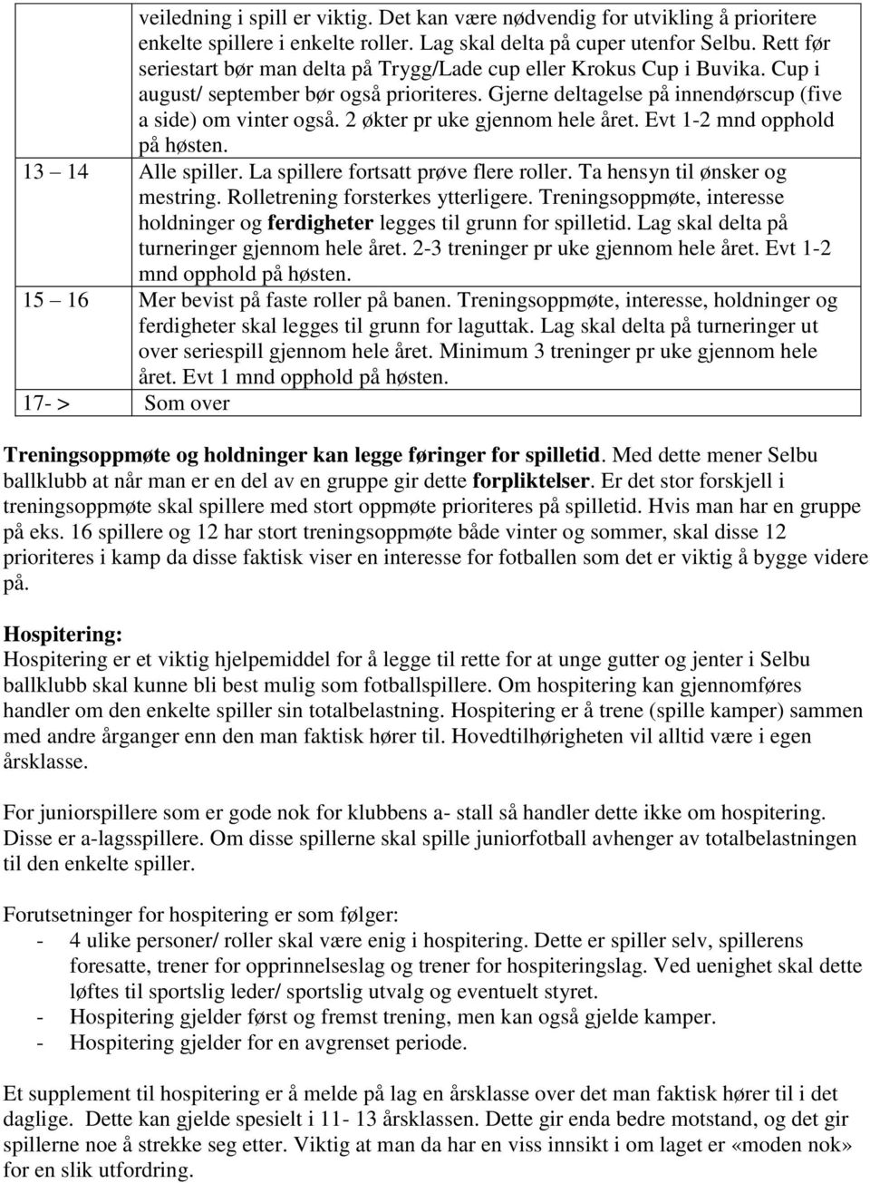 2 økter pr uke gjennom hele året. Evt 1-2 mnd opphold på høsten. 13 14 Alle spiller. La spillere fortsatt prøve flere roller. Ta hensyn til ønsker og mestring. Rolletrening forsterkes ytterligere.