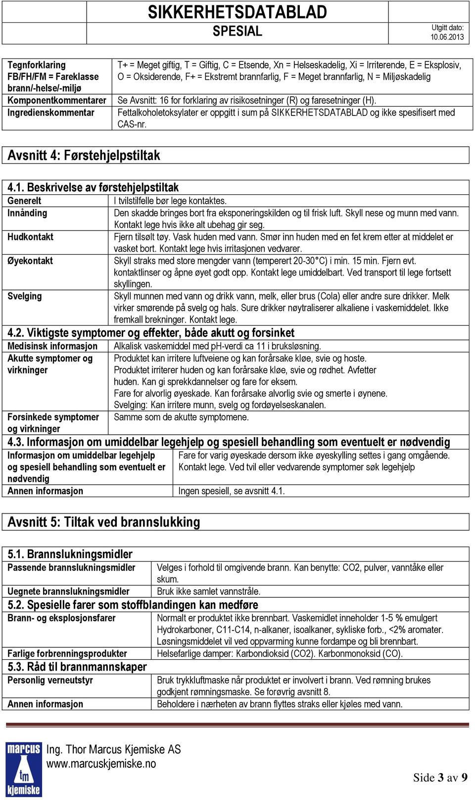 Fettalkoholetoksylater er oppgitt i sum på SIKKERHETSDATABLAD og ikke spesifisert med CAS-nr. Avsnitt 4: Førstehjelpstiltak 4.1.