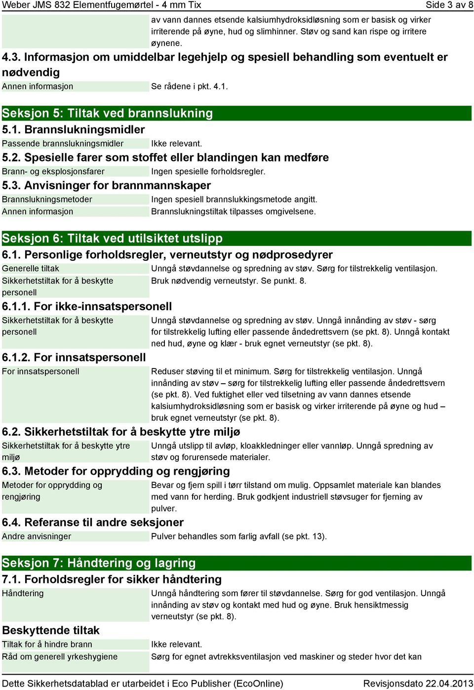 Seksjon 5: Tiltak ved brannslukning 5.1. Brannslukningsmidler Passende brannslukningsmidler Ikke relevant. 5.2.