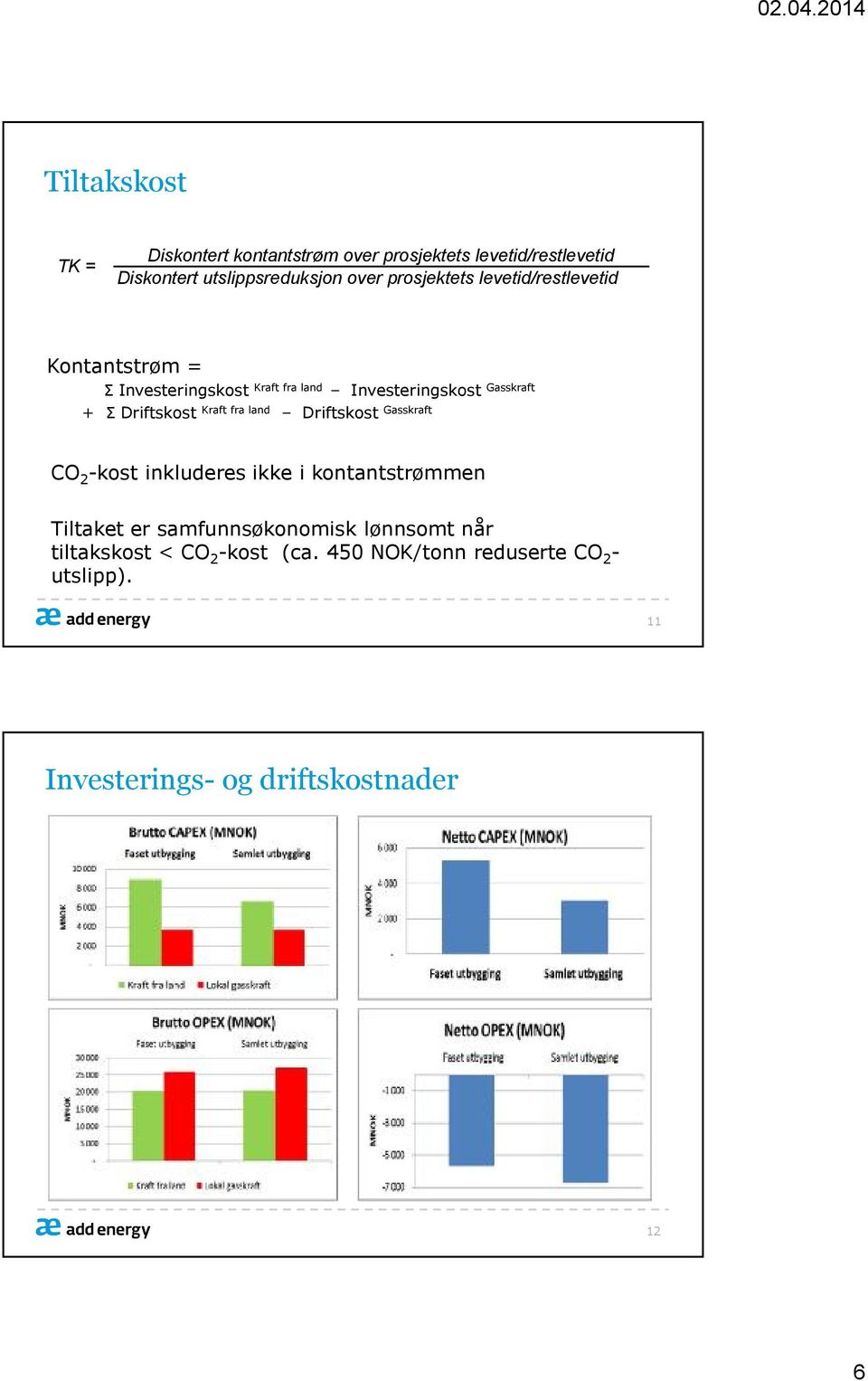 Driftskost Kraft fra land Driftskost Gasskraft CO 2 -kost inkluderes ikke i kontantstrømmen Tiltaket er