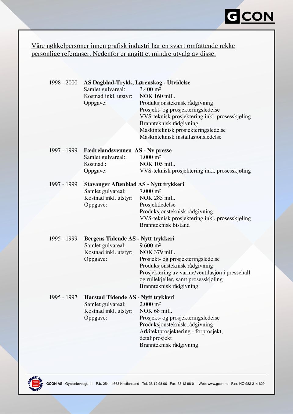 1997-1999 Fædrelandsvennen AS - Ny presse Samlet gulvareal: 1.000 m² Kostnad : NOK 105 mill. 1997-1999 Stavanger Aftenblad AS - Nytt trykkeri Samlet gulvareal: 7.000 m² Kostnad inkl.