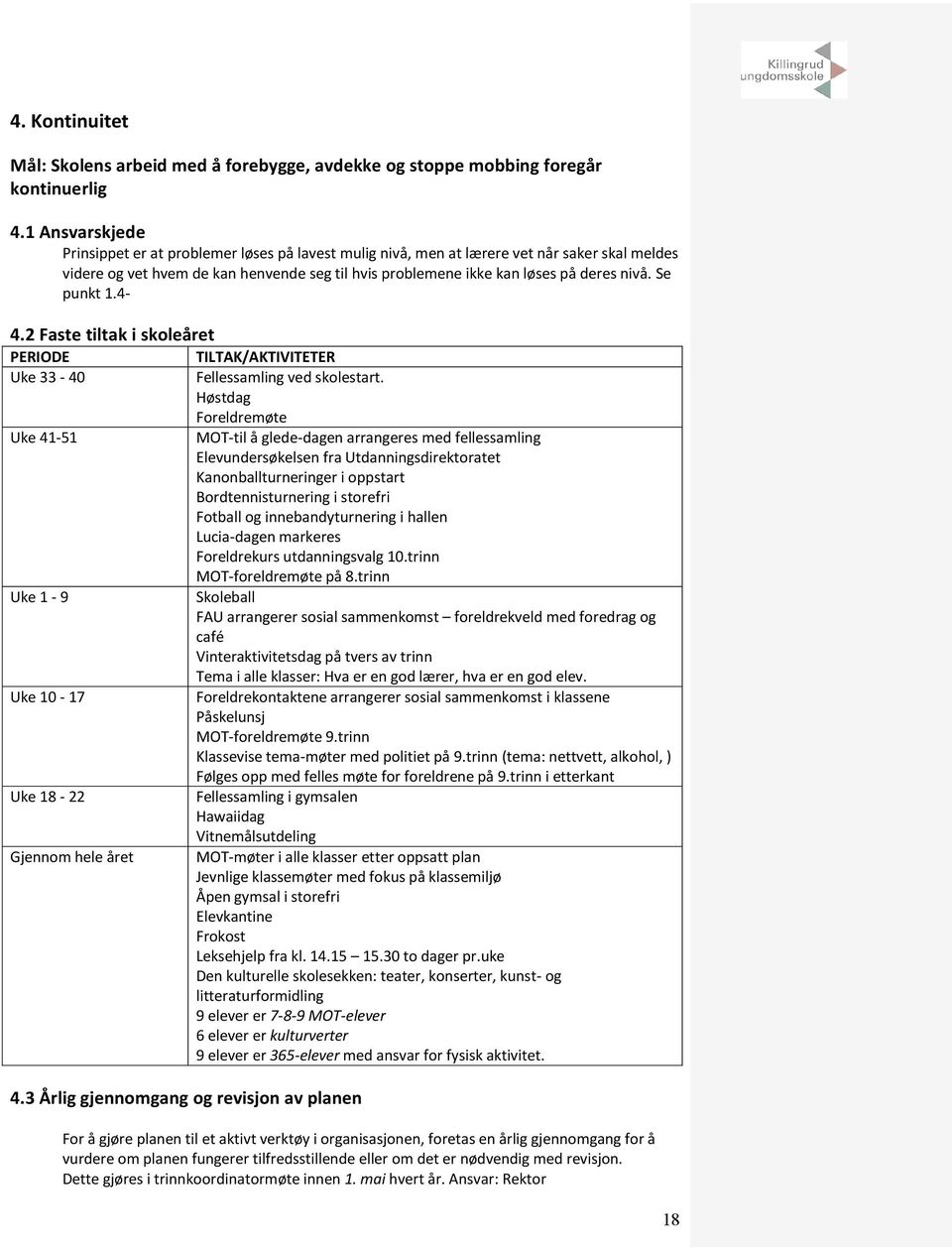 Se punkt 1.4-4.2 Faste tiltak i skoleåret PERIODE TILTAK/AKTIVITETER Uke 33-40 Fellessamling ved skolestart.