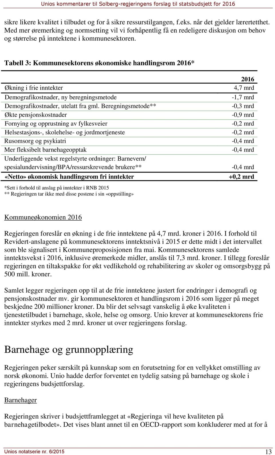 Tabell 3: Kommunesektorens økonomiske handlingsrom 2016* Økning i frie inntekter Demografikostnader, ny beregningsmetode Demografikostnader, utelatt fra gml.