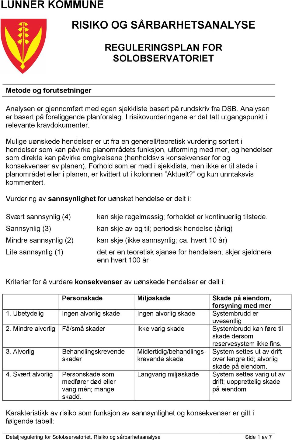 Mulige uønskede hendelser er ut fra en generell/teoretisk vurdering sortert i hendelser som kan påvirke planområdets funksjon, utforming med mer, og hendelser som direkte kan påvirke omgivelsene