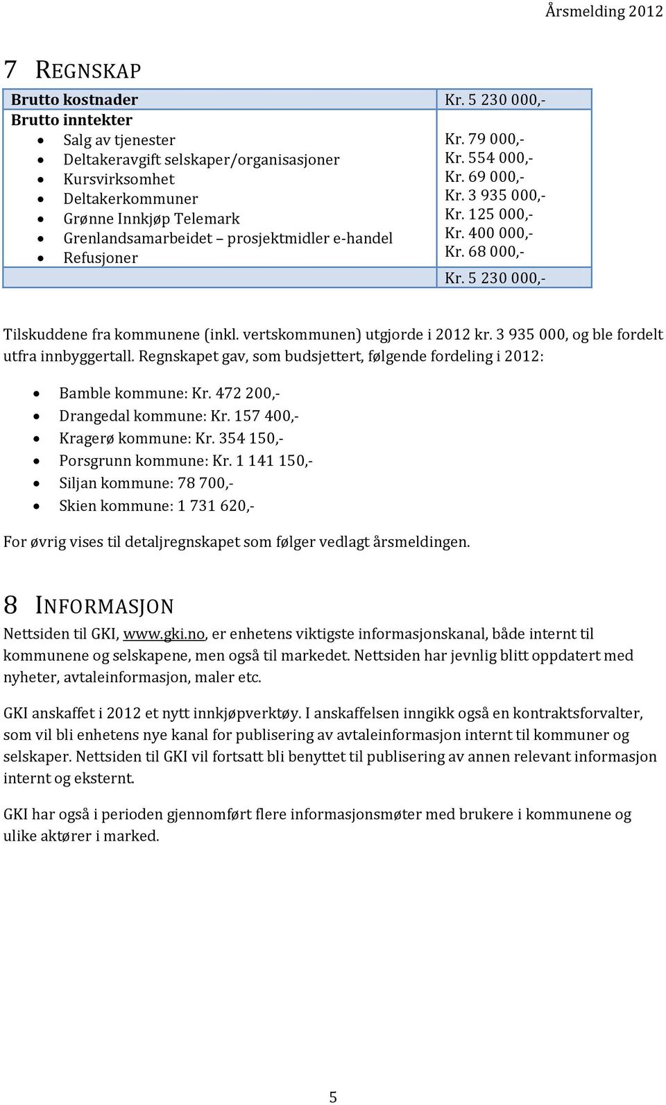 vertskommunen) utgjorde i 2012 kr. 3 935 000, og ble fordelt utfra innbyggertall. Regnskapet gav, som budsjettert, følgende fordeling i 2012: Bamble kommune: Kr. 472 200,- Drangedal kommune: Kr.