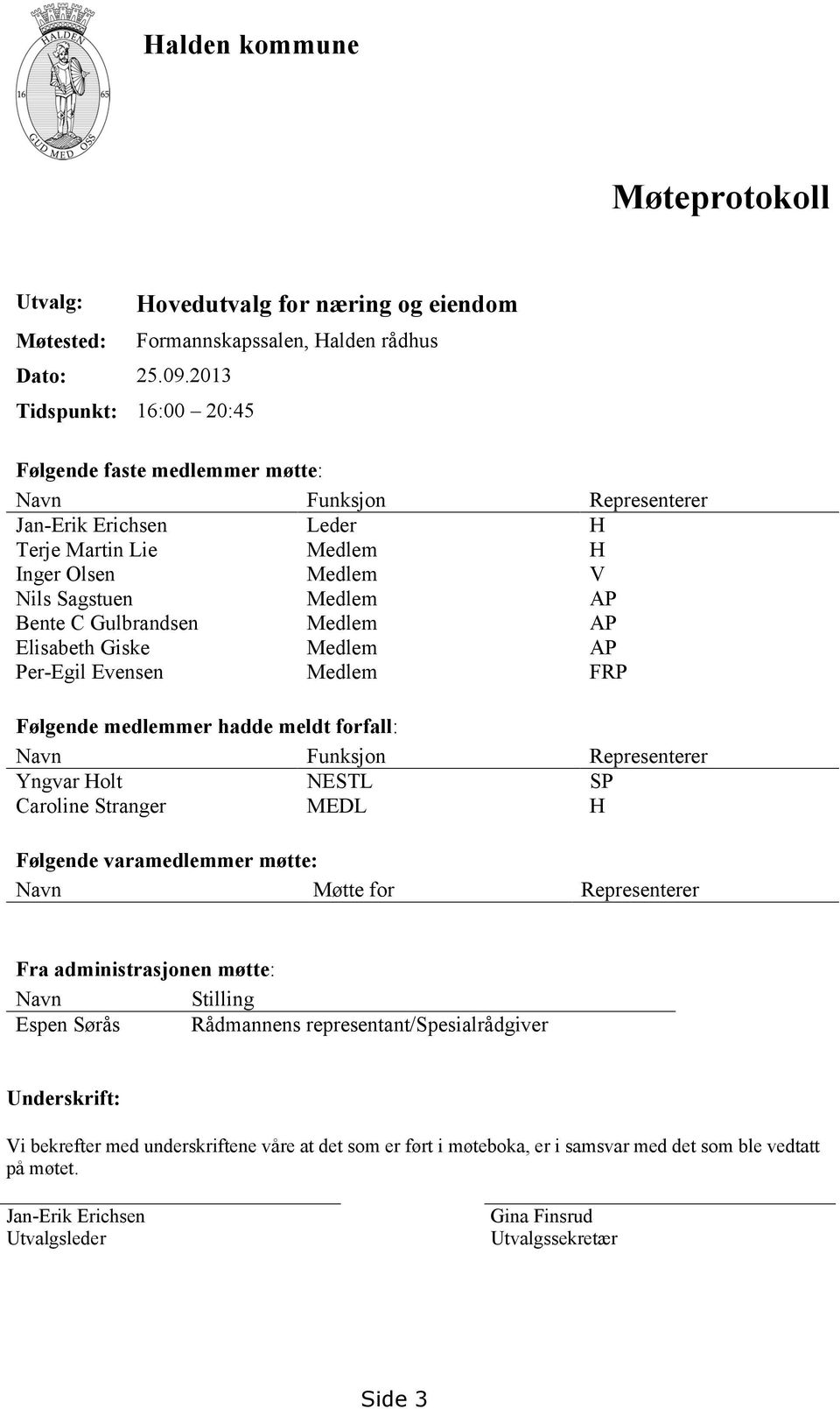 Medlem H Inger Olsen Medlem V Nils Sagstuen Medlem AP Bente C Gulbrandsen Medlem AP Elisabeth Giske Medlem AP Per-Egil Evensen Medlem FRP Følgende medlemmer hadde meldt forfall: Navn Funksjon