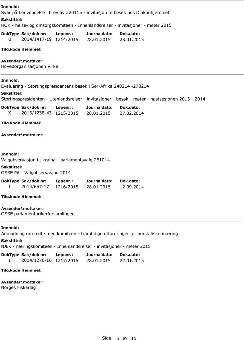 2013/1238-43 1215/2015 27.02.2014 Valgobservasjon i kraina - parlamentsvalg 261014 OSSE PA - Valgobservasjon 2014 2014/657-17 1216/2015 12.09.