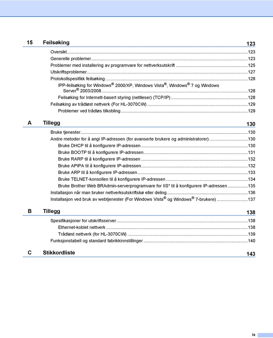 ..128 Feilsøking av trådløst nettverk (For HL-3070CW)...129 Problemer ved trådløs tilkobling...129 A Tillegg 130 Bruke tjenester.