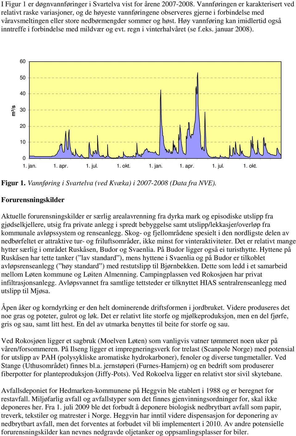 Høy vannføring kan imidlertid også inntreffe i forbindelse med mildvær og evt. regn i vinterhalvåret (se f.eks. januar 2008). 60 50 40 m³/s 30 20 10 0 1. jan. 1. apr. 1. jul. 1. okt. 1. jan. 1. apr. 1. jul. 1. okt. Figur 1.