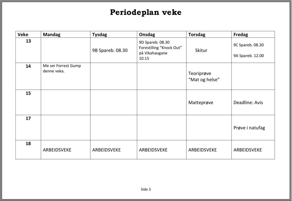 15 Skitur Teoriprøve Mat og helse 9C Spareb. 08.30 9A Spareb. 12.