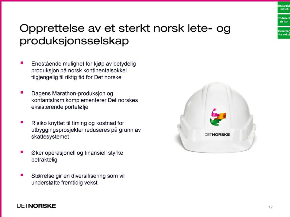 kontantstrøm komplementerer Det norskes eksisterende portefølje Risiko knyttet til timing og kostnad for utbyggingsprosjekter