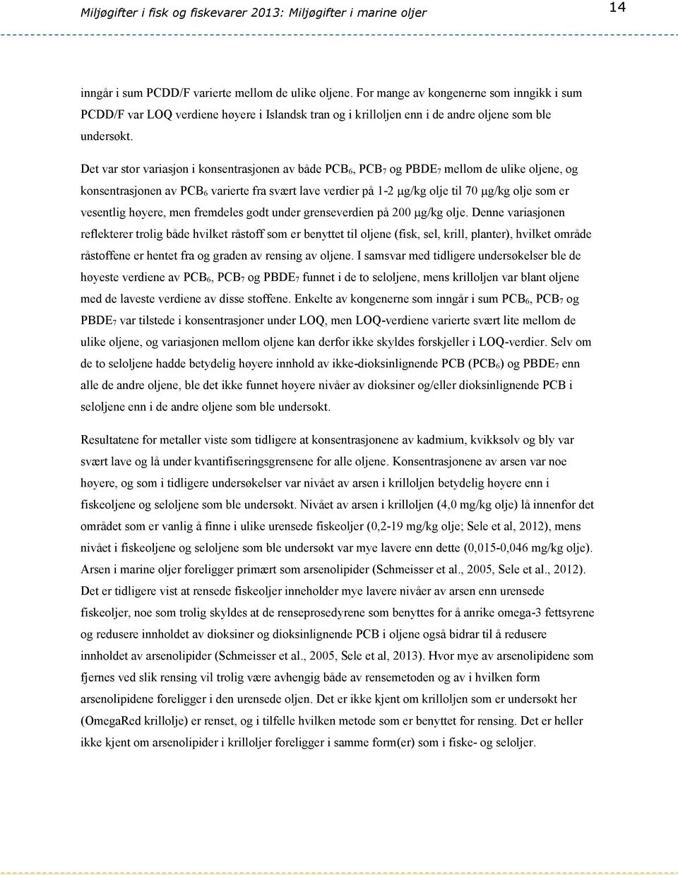 Det var stor variasjon i konsentrasjonen av både PCB 6, PCB 7 og PBDE 7 mellom de ulike oljene, og konsentrasjonen av PCB 6 varierte fra svært lave verdier på 1-2 µg/kg olje til 70 µg/kg olje som er
