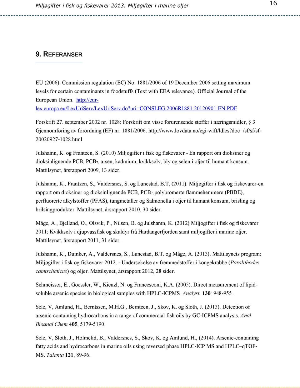 1028: Forskrift om visse forurensende stoffer i næringsmidler, 3 Gjennomføring av forordning (EF) nr. 1881/2006. http://www.lovdata.no/cgi-wift/ldles?doc=/sf/sf/sf- 20020927-1028.html Julshamn, K.