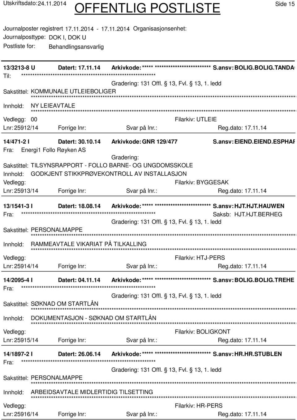 EIEND.ESPHAR Fra: Energi1 Follo Røyken AS Sakstittel: TILSYNSRAPPORT - FOLLO BARNE- OG UNGDOMSSKOLE Innhold: GODKJENT STIKKPRØVEKONTROLL AV INSTALLASJON Lnr: 25913/14 Forrige lnr: Svar på lnr.