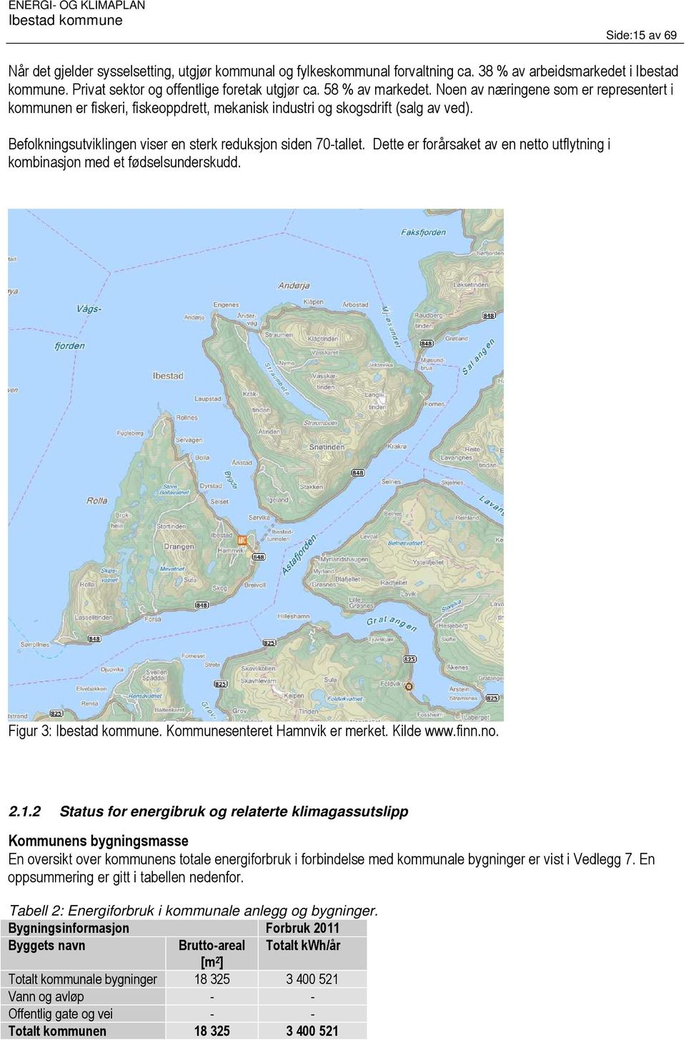 Befolkningsutviklingen viser en sterk reduksjon siden 70-tallet. Dette er forårsaket av en netto utflytning i kombinasjon med et fødselsunderskudd. Figur 3:. Kommunesenteret Hamnvik er merket.