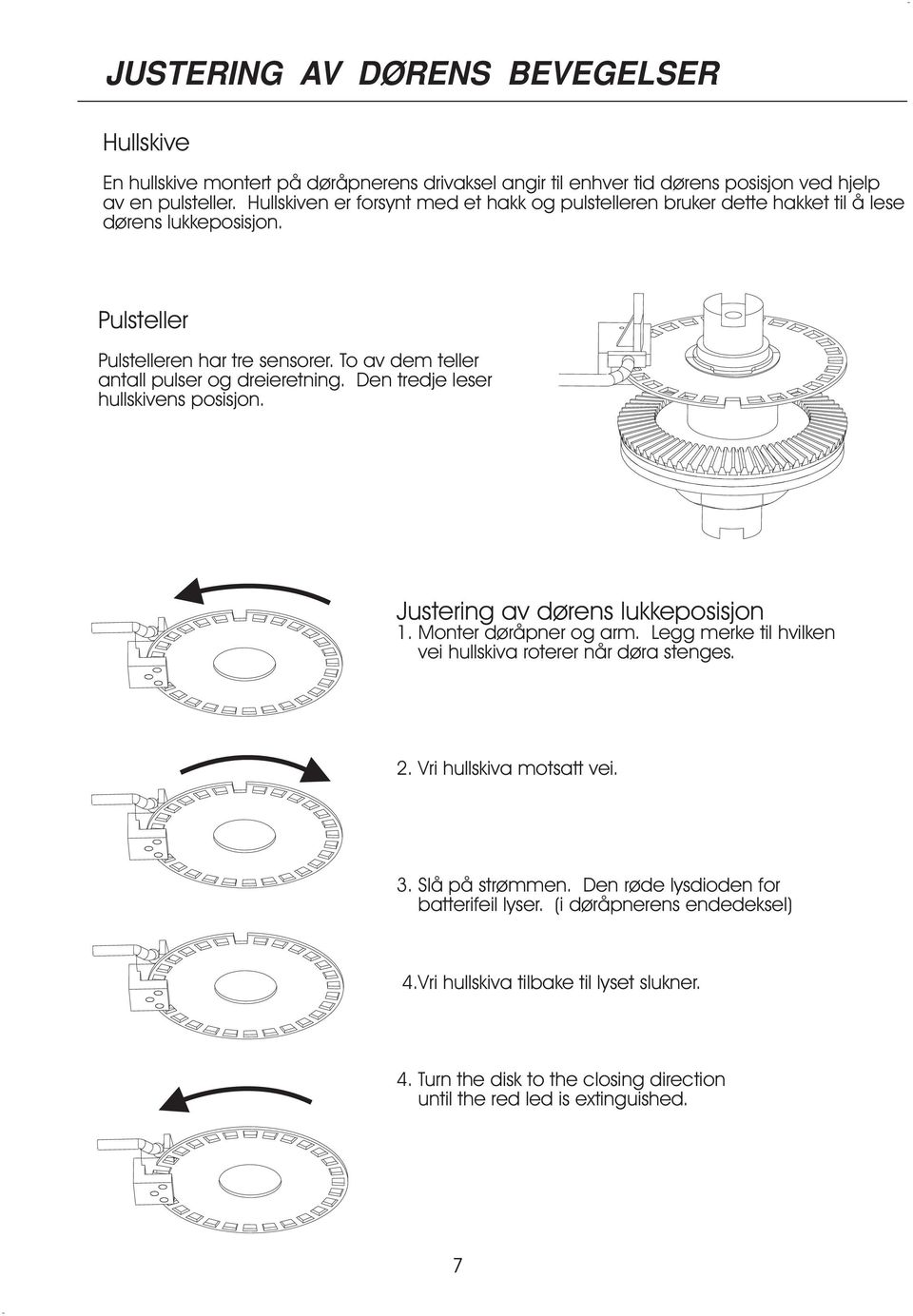 To av dem teller antall pulser og dreieretning. Den tredje leser hullskivens posisjon. Justering av dørens lukkeposisjon 1. Monter døråpner og arm.