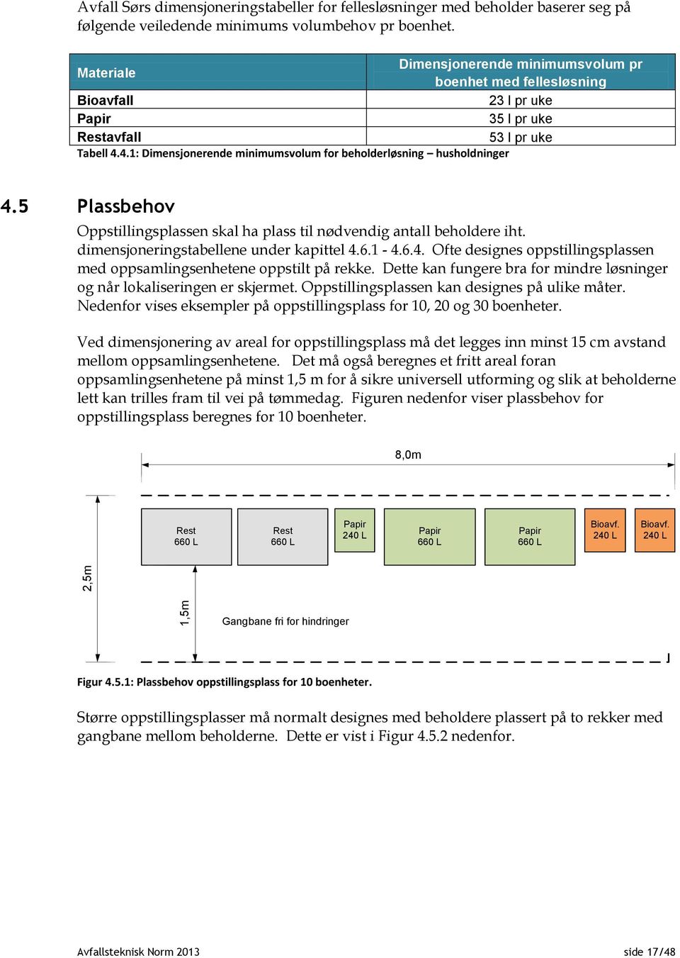 4.1: Dimensjonerende minimumsvolum for beholderløsning husholdninger 4.5 Plassbehov Oppstillingsplassen skal ha plass til nødvendig antall beholdere iht. dimensjoneringstabellene under kapittel 4.6.