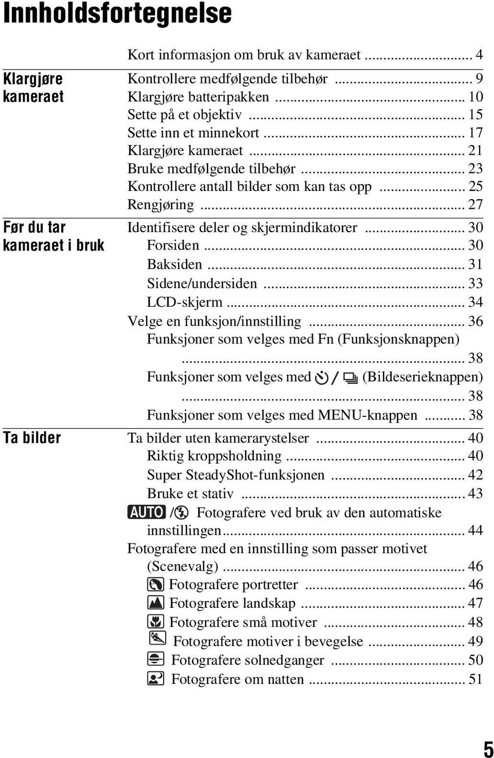 .. 30 Forsiden... 30 Baksiden... 31 Sidene/undersiden... 33 LCD-skjerm... 34 Velge en funksjon/innstilling... 36 Funksjoner som velges med Fn (Funksjonsknappen).