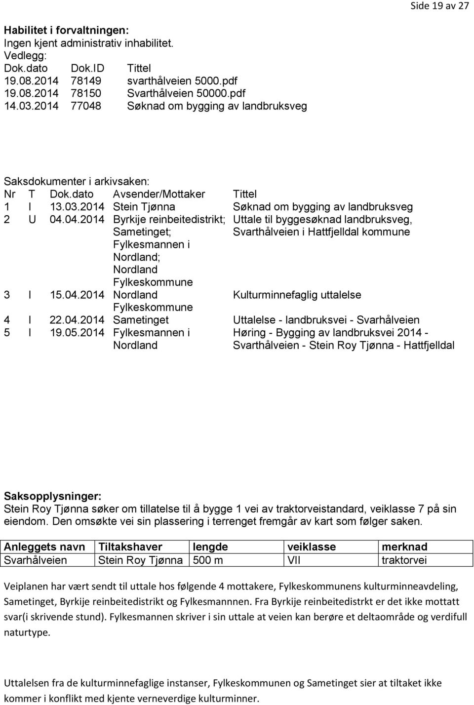 04.2014 Nordland Kulturminnefaglig uttalelse Fylkeskommune 4 I 22.04.2014 Sametinget Uttalelse - landbruksvei - Svarhålveien 5 I 19.05.