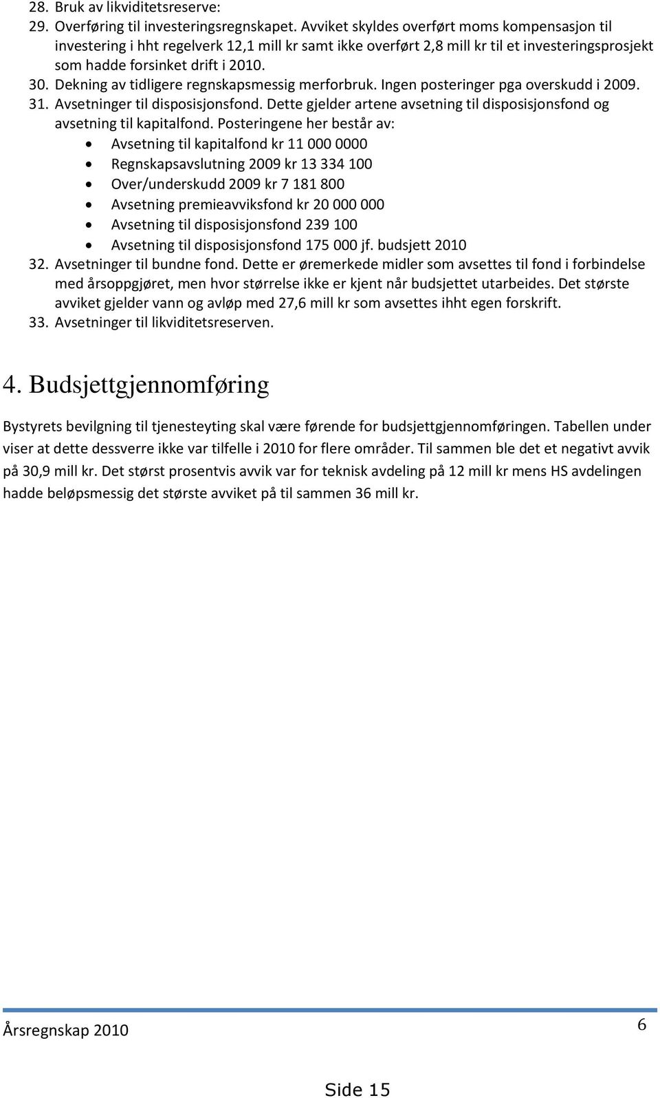 Dekning av tidligere regnskapsmessig merforbruk. Ingen posteringer pga overskudd i 2009. 31. Avsetninger til disposisjonsfond.