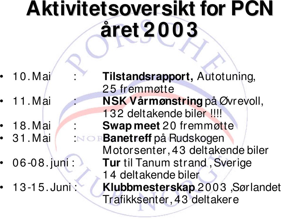 Mai : Banetreff på Rudskogen Motorsenter, 43 deltakende biler 06-08.