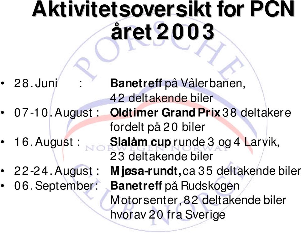 August : Oldtimer Grand Prix 38 deltakere fordelt på 20 biler 16.