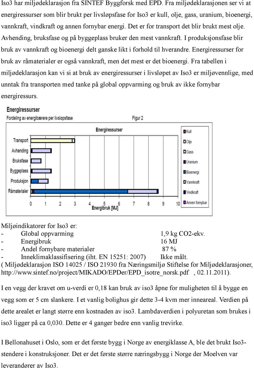 Det er for transport det blir brukt mest olje. Avhending, bruksfase og på byggeplass bruker den mest vannkraft.