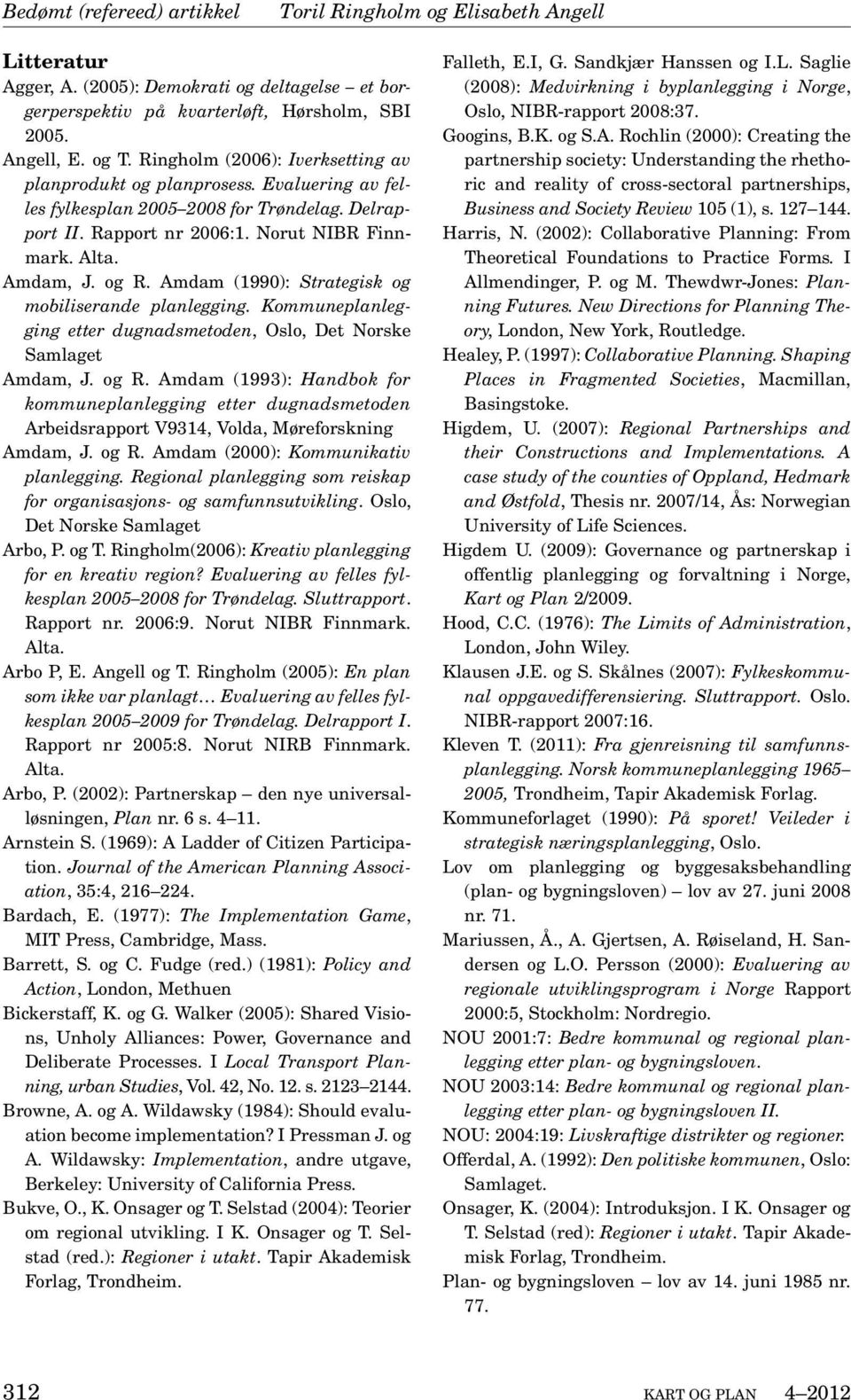 Amdam (1990): Strategisk og mobiliserande planlegging. Kommuneplanlegging etter dugnadsmetoden, Oslo, Det Norske Samlaget Amdam, J. og R.