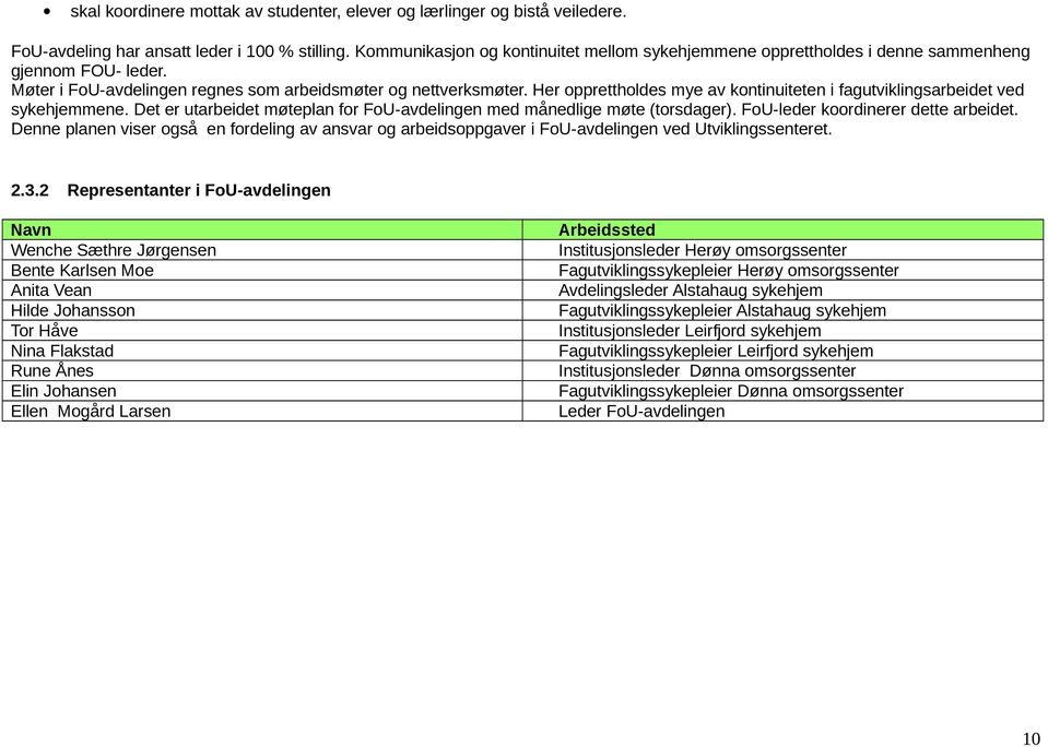 Her opprettholdes mye av kontinuiteten i fagutviklingsarbeidet ved sykehjemmene. Det er utarbeidet møteplan for FoU-avdelingen med månedlige møte (torsdager). FoU-leder koordinerer dette arbeidet.