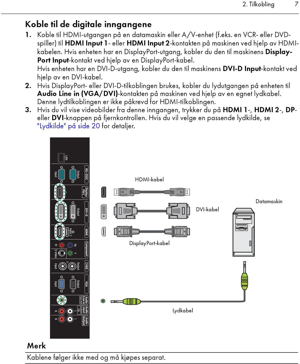 Hvis enheten har en DisplayPort-utgang, kobler du den til maskinens Display- Port Input-kontakt ved hjelp av en DisplayPort-kabel.