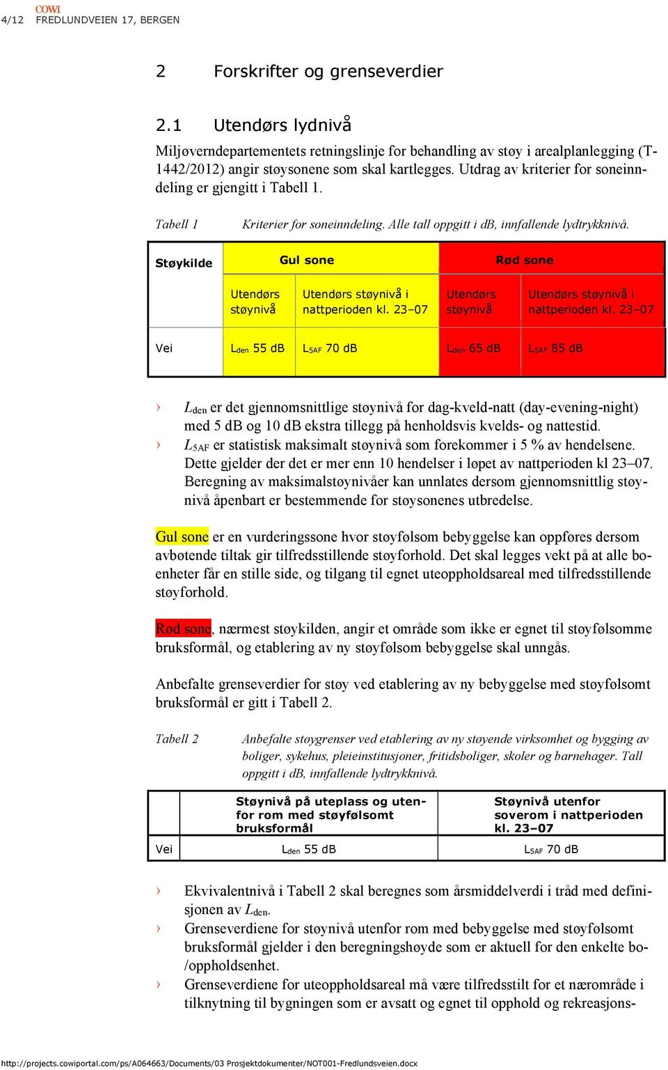 Utdrag av kriterier for soneinndeling er gjengitt i Tabell 1. Tabell 1 Kriterier for soneinndeling. Alle tall oppgitt i db, innfallende lydtrykknivå.