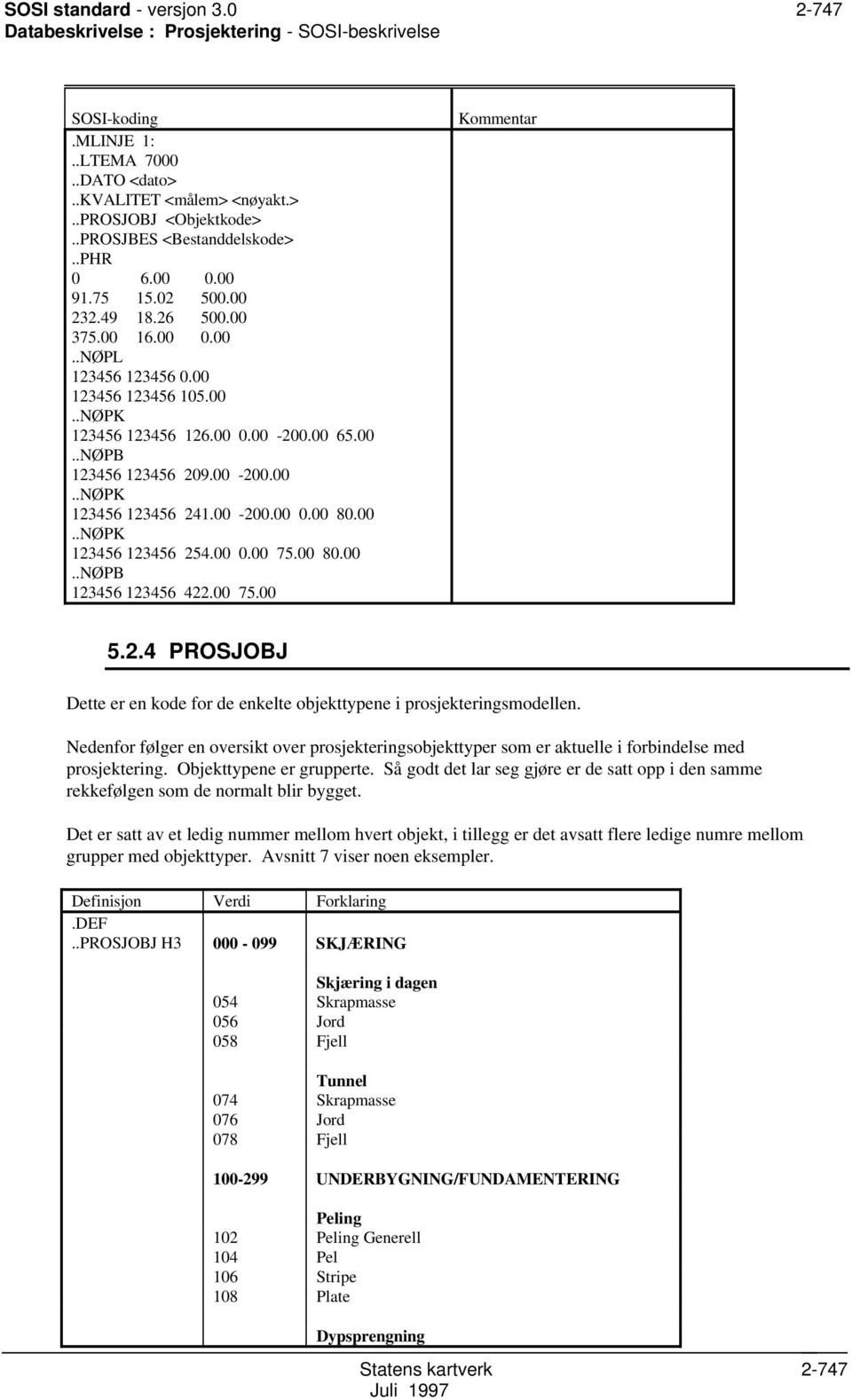 00-200.00..NØPK 123456 123456 241.00-200.00 0.00 80.00..NØPK 123456 123456 254.00 0.00 75.00 80.00..NØPB 123456 123456 422.00 75.00 Kommentar 5.2.4 PROSJOBJ Dette er en kode for de enkelte objekttypene i prosjekteringsmodellen.