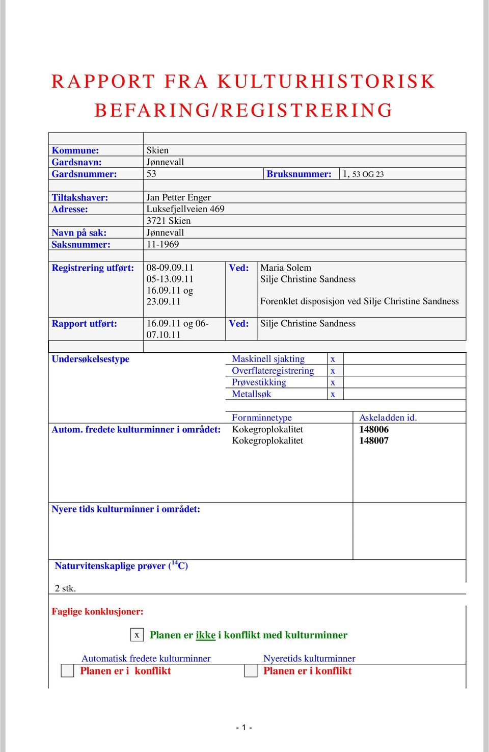 11 Ved: Ved: Maria Solem Silje Christine Forenklet disposisjon ved Silje Christine Silje Christine Undersøkelsestype Maskinell sjakting x Overflateregistrering x Prøvestikking x Metallsøk x