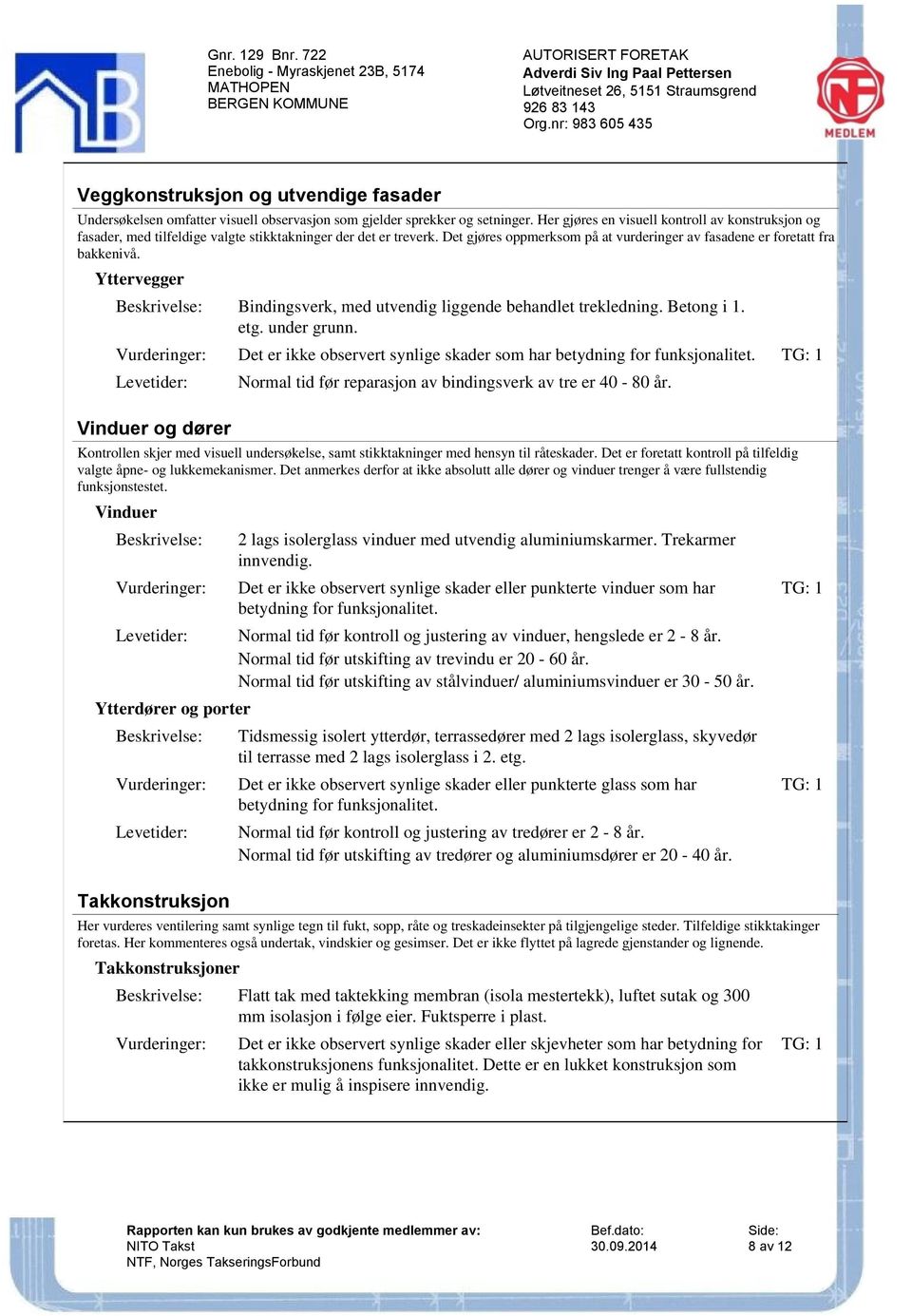 Yttervegger Bindingsverk, med utvendig liggende behandlet trekledning. Betong i 1. etg. under grunn. Det er ikke observert synlige skader som har betydning for funksjonalitet.