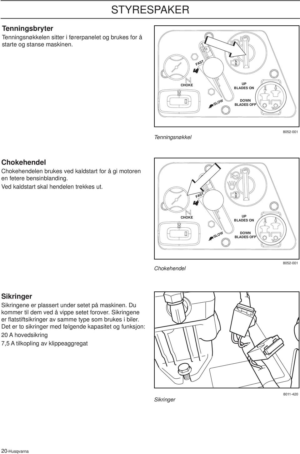 Ved kaldstart skal hendelen trekkes ut. FAST CHOKE UP BLADES ON SLOW DOWN BLADES OFF Chokehendel 8052-001 Sikringer Sikringene er plassert under setet på maskinen.