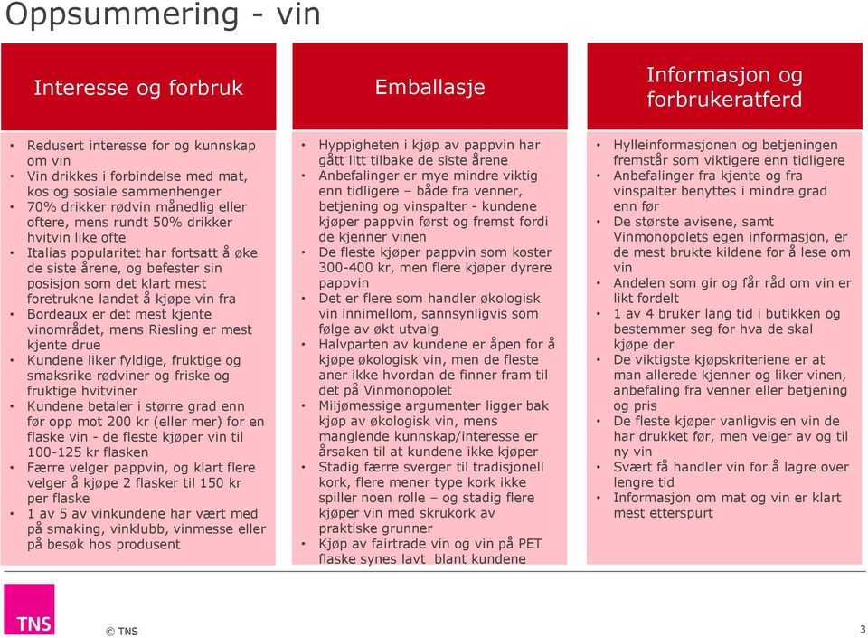 fra Bordeaux er det mest kjente vinområdet, mens Riesling er mest kjente drue Kundene liker fyldige, fruktige og smaksrike rødviner og friske og fruktige hvitviner Kundene betaler i større grad enn