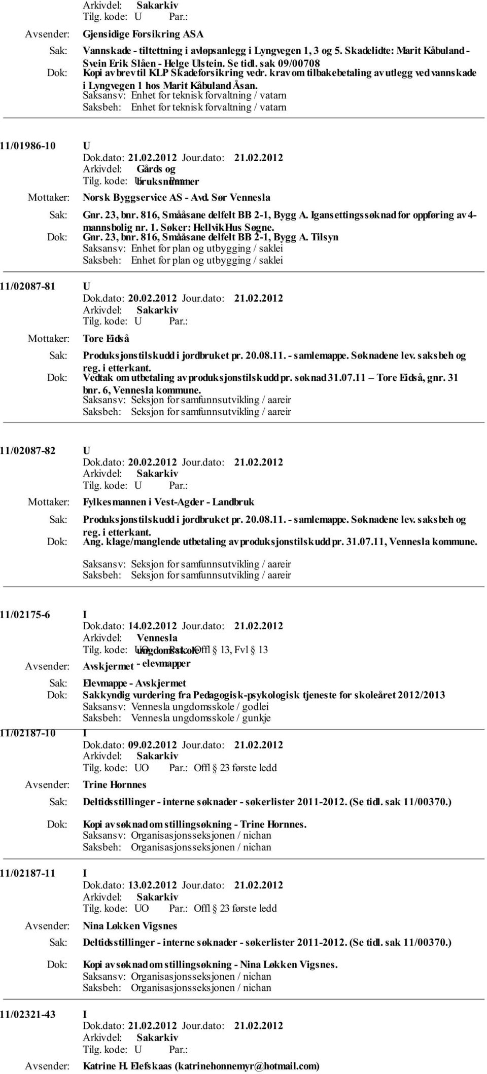 Saksansv: Enhet for teknisk forvaltning / vatarn Saksbeh: Enhet for teknisk forvaltning / vatarn 11/01986-10 Norsk Byggservice AS - Avd. Sør Vennesla Gnr. 23, bnr.