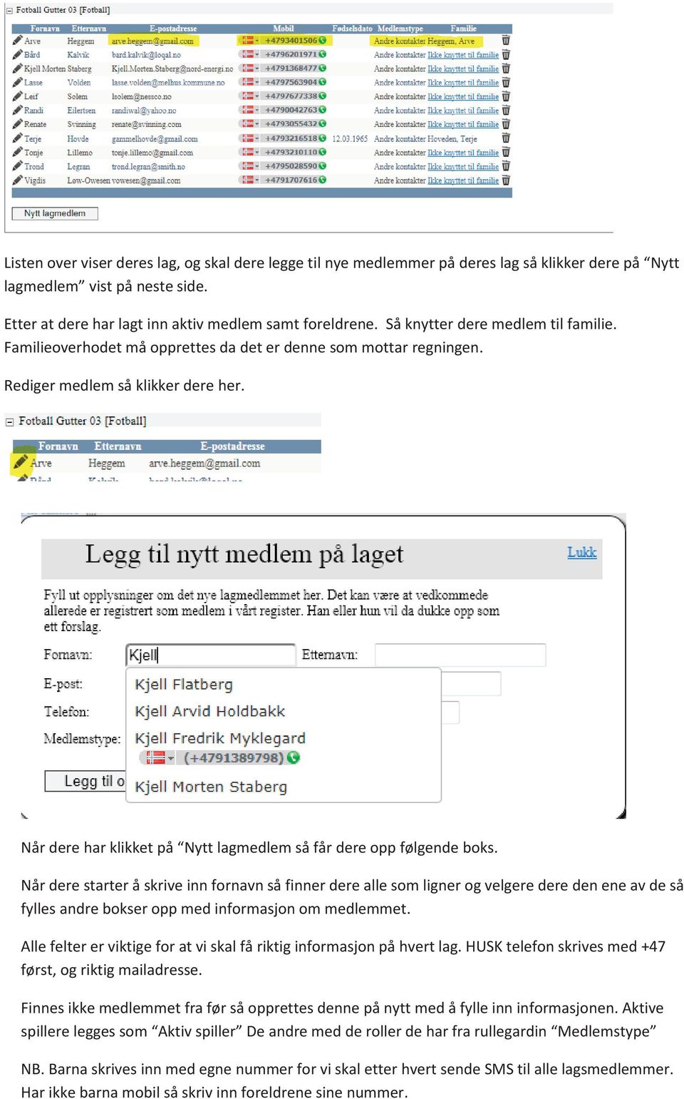 Listen over viser deres lag, og skal dere legge til nye medlemmer på deres lag så klikker dere på Nytt lagmedlem vist på neste side. Etter at dere har lagt inn aktiv medlem samt foreldrene.