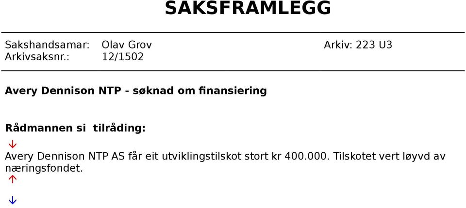 : 12/1502 Avery Dennison NTP - søknad om finansiering