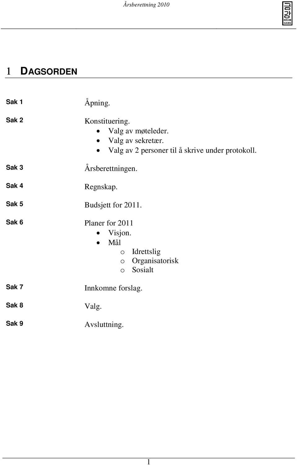 Årsberettningen. Regnskap. Sak 5 Budsjett for 2011. Sak 6 Planer for 2011 Visjon.