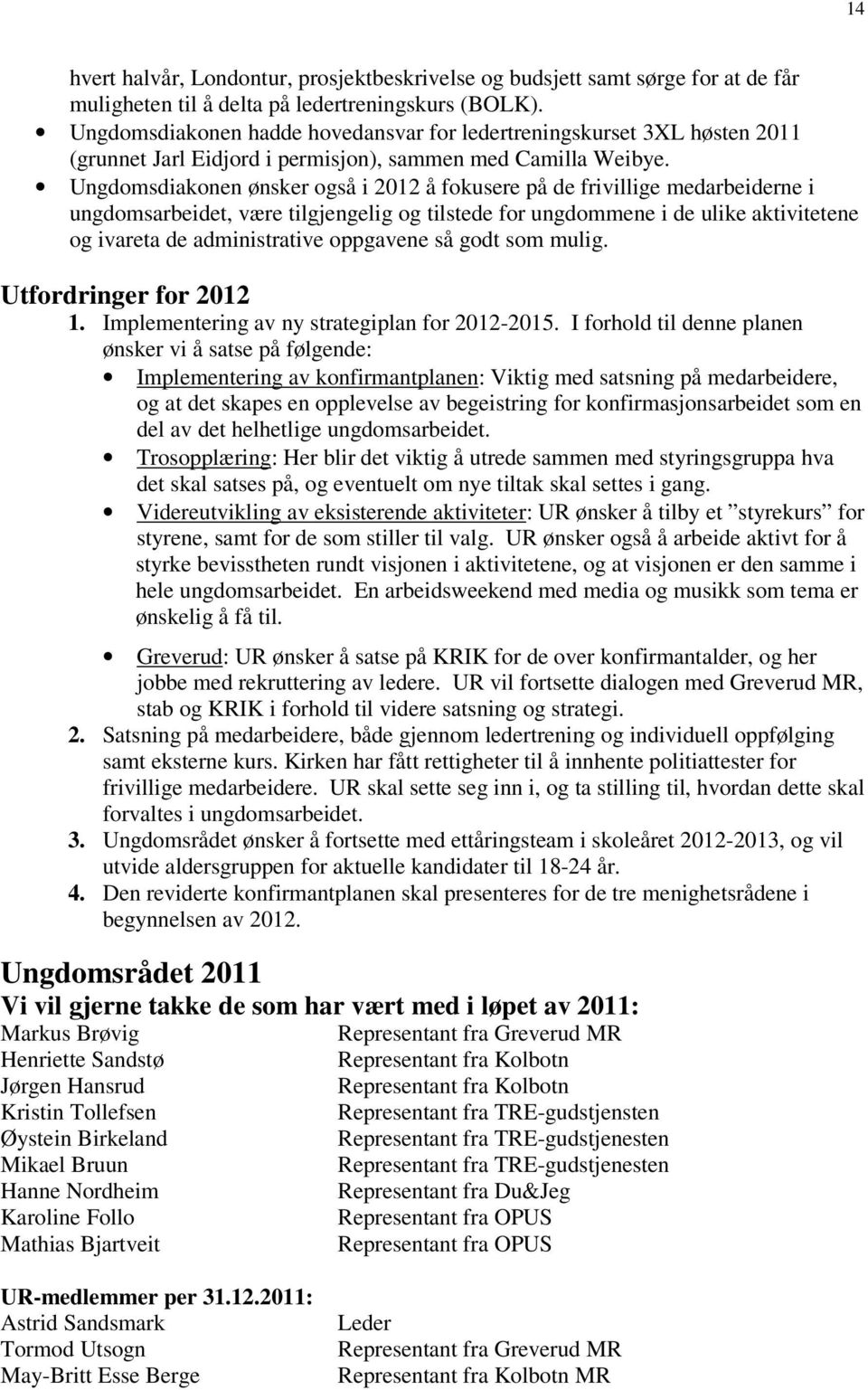 Ungdomsdiakonen ønsker også i 2012 å fokusere på de frivillige medarbeiderne i ungdomsarbeidet, være tilgjengelig og tilstede for ungdommene i de ulike aktivitetene og ivareta de administrative