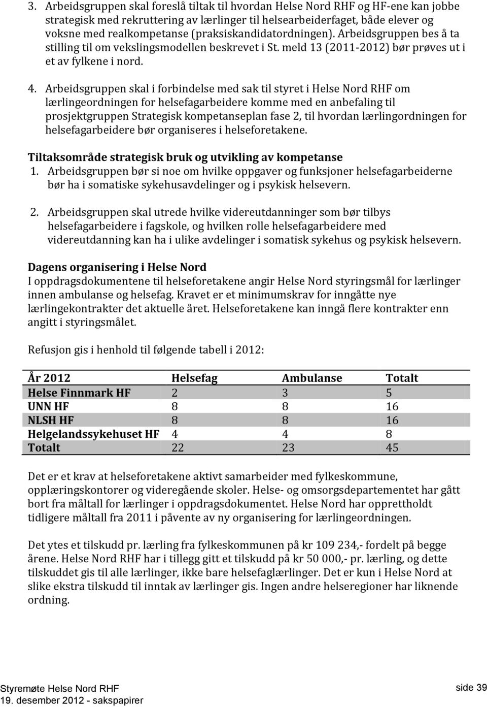 Arbeidsgruppen skal i forbindelse med sak til styret i Helse Nord RHF om lærlingeordningen for helsefagarbeidere komme med en anbefaling til prosjektgruppen Strategisk kompetanseplan fase 2, til