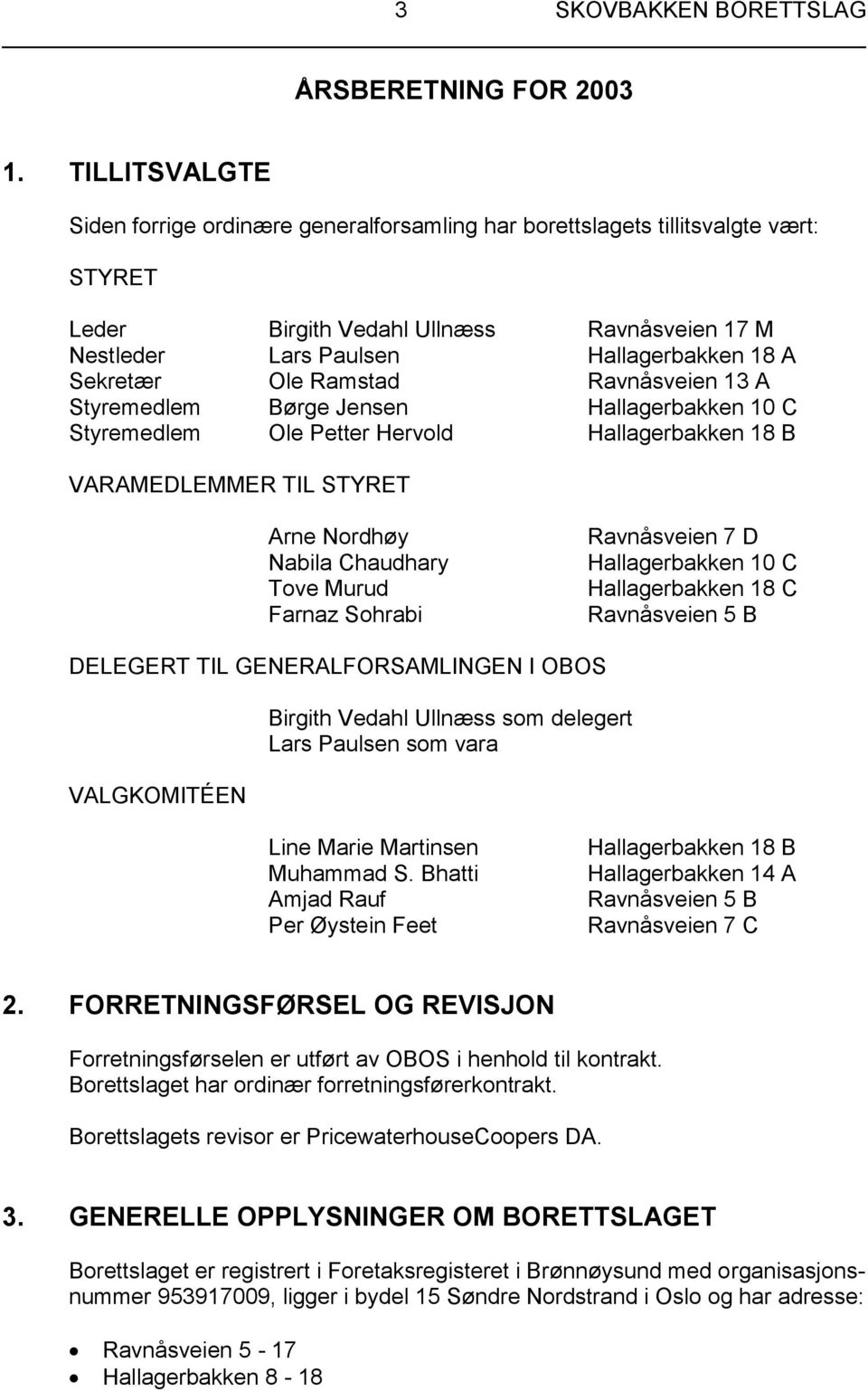 Ole Ramstad Ravnåsveien 13 A Styremedlem Børge Jensen Hallagerbakken 10 C Styremedlem Ole Petter Hervold Hallagerbakken 18 B VARAMEDLEMMER TIL STYRET Arne Nordhøy Nabila Chaudhary Tove Murud Farnaz