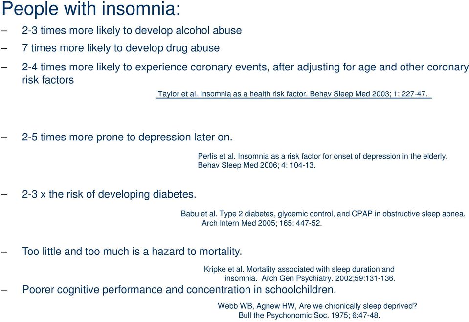Insomnia as a risk factor for onset of depression in the elderly. Behav Sleep Med 2006; 4: 104-13. 2-3 x the risk of developing diabetes. Babu et al.