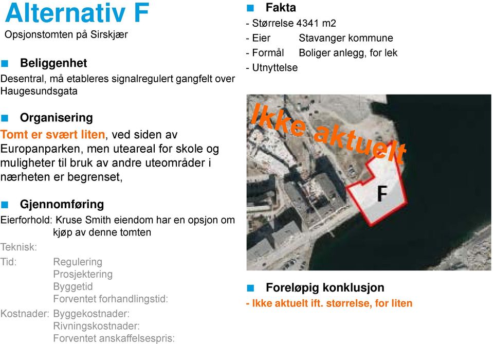 til bruk av andre uteområder i nærheten er begrenset, Eierforhold: Kruse Smith eiendom har en opsjon om kjøp av denne tomten Teknisk: Tid: Regulering