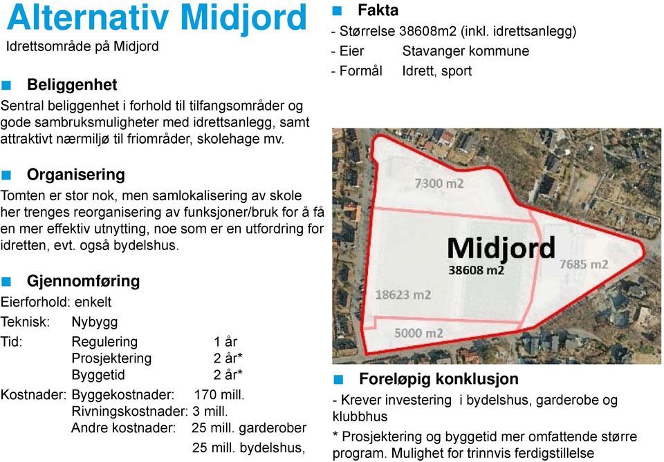 idrettsanlegg) - Eier Stavanger kommune - Formål Idrett, sport Tomten er stor nok, men samlokalisering av skole her trenges reorganisering av funksjoner/bruk for å få en mer effektiv utnytting, noe